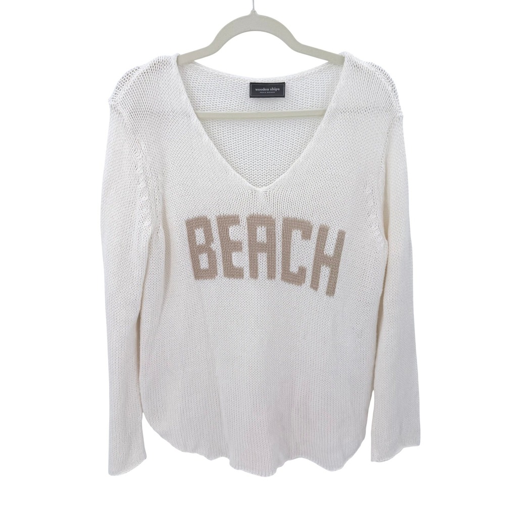 Wooden Ships Paola Buendia White BEACH Graphic V-Neck Open Knit Sweater